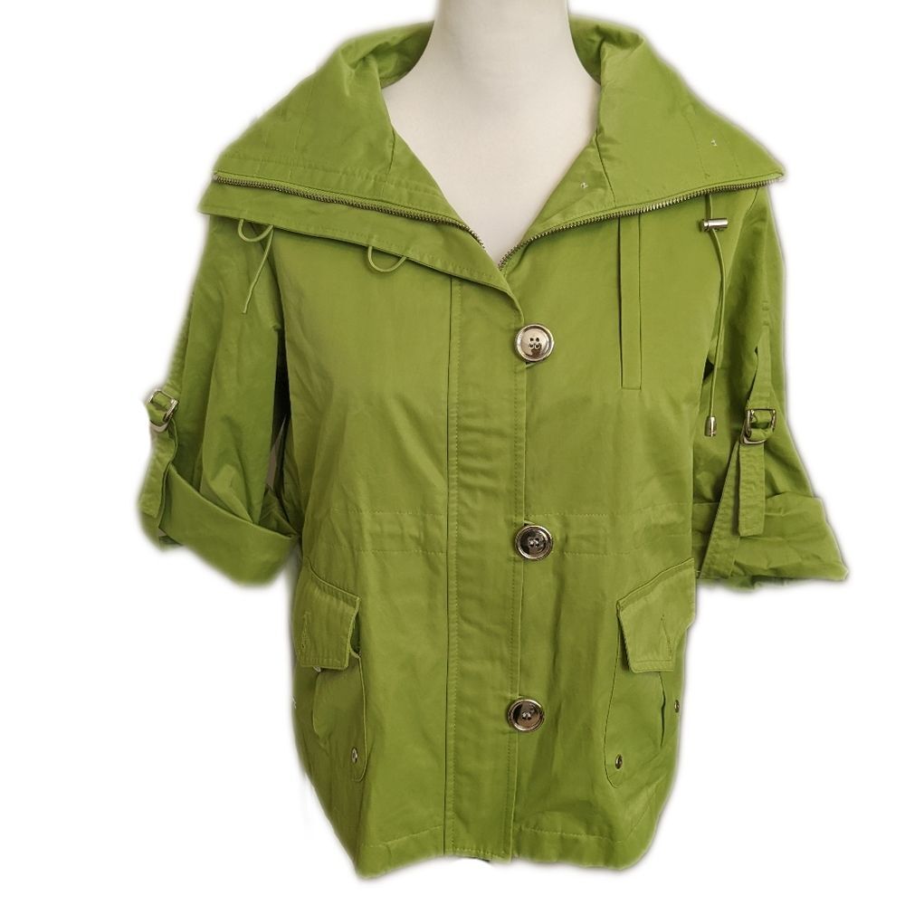 Anne Klein avocado green zip & button, adjustable sleeves, rain coat jacket M
